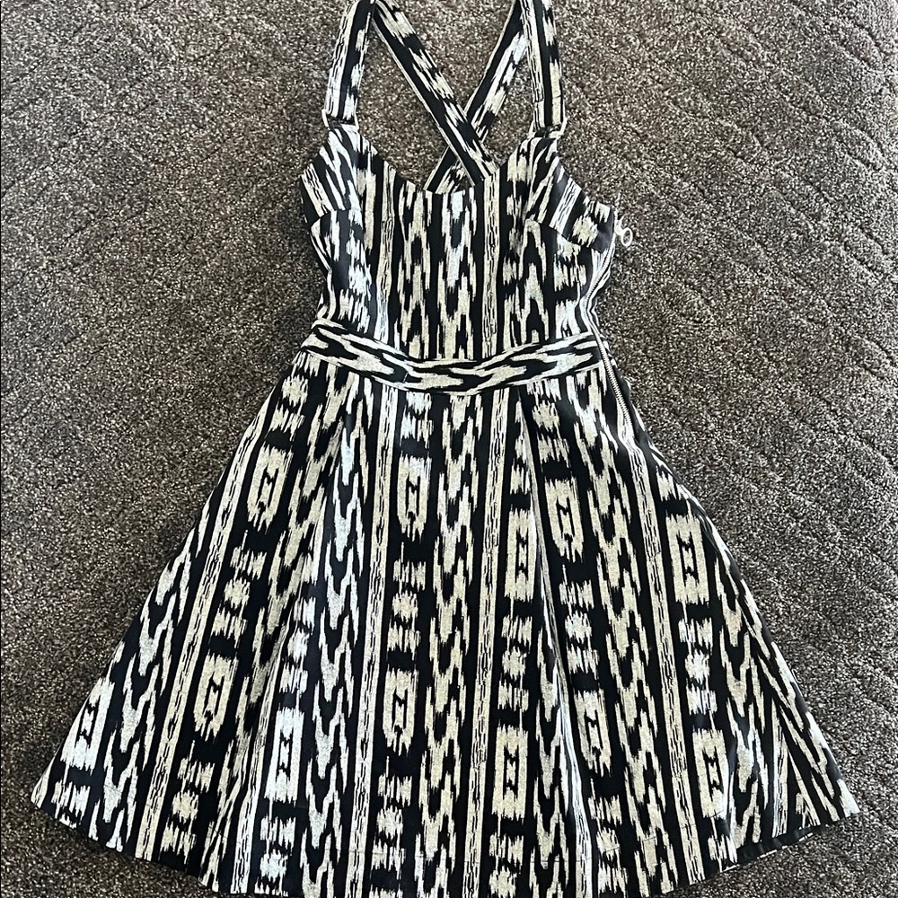 RACHEL Rachel Roy Black and White Patterned Cross-Back Fit-and-Flare Dress